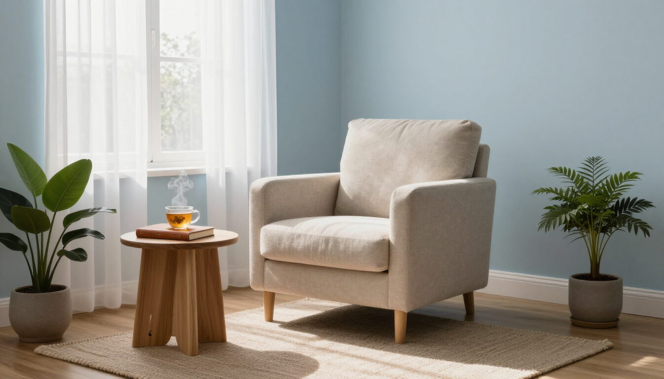 Cozy living room with beige armchair, small wooden table, tea, plants, and soft natural light.