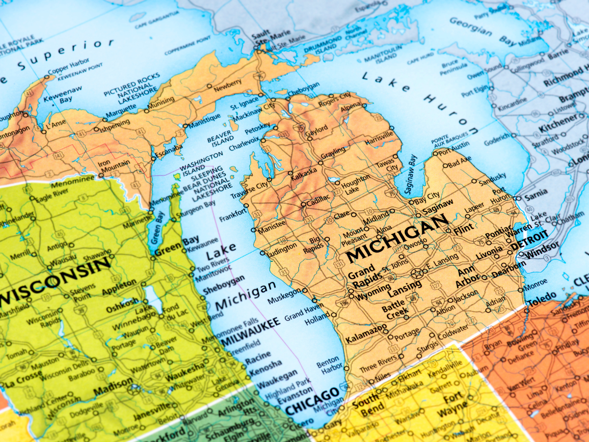 A close up of a map of michigan and wisconsin