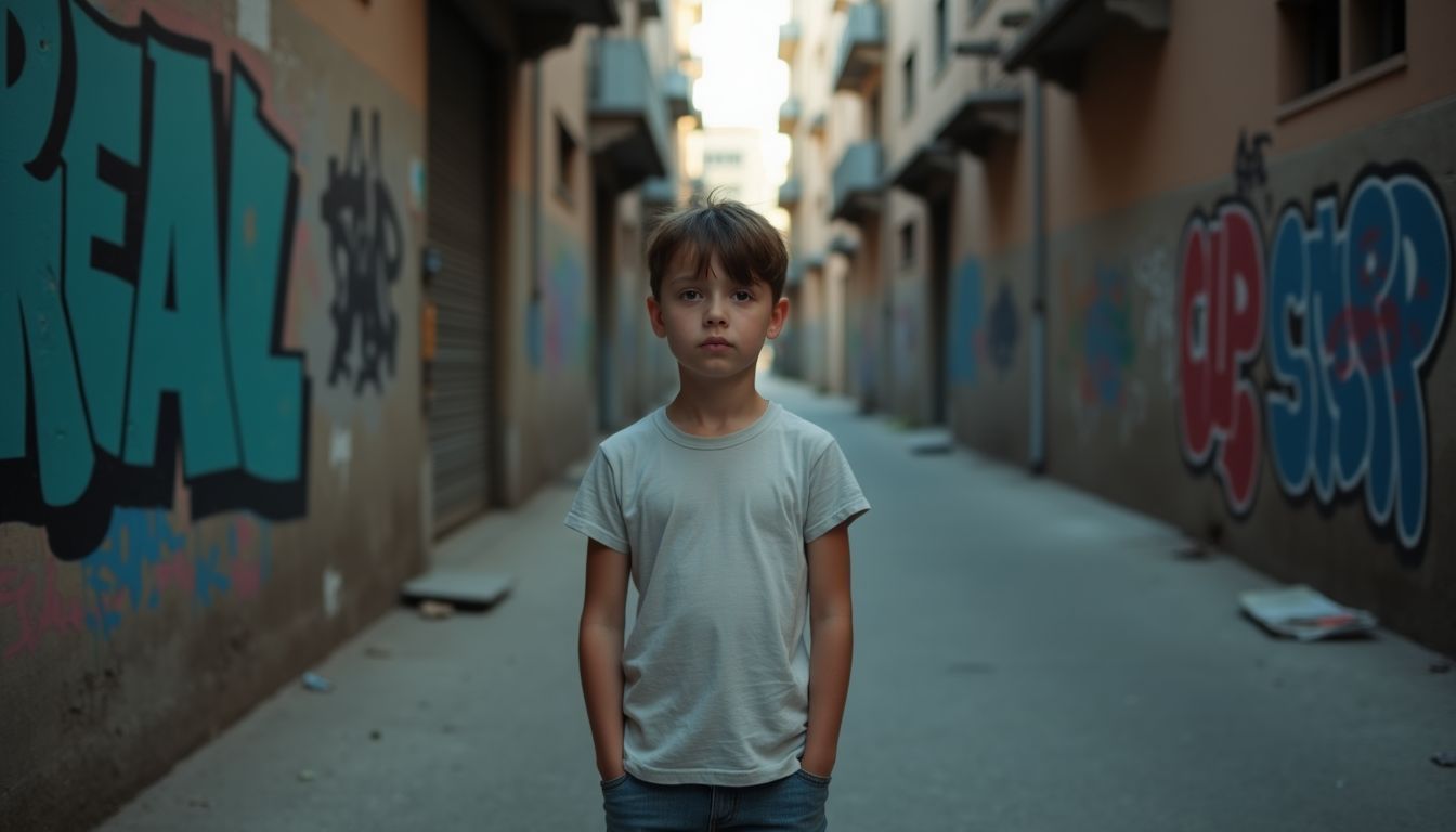 A young boy is standing in an alleyway with graffiti on the walls.