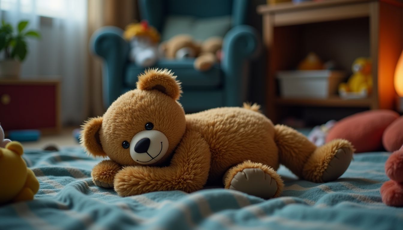 A teddy bear is laying on a bed in a living room.