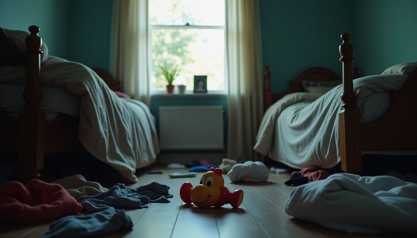 A bedroom with two beds and a toy on the floor.