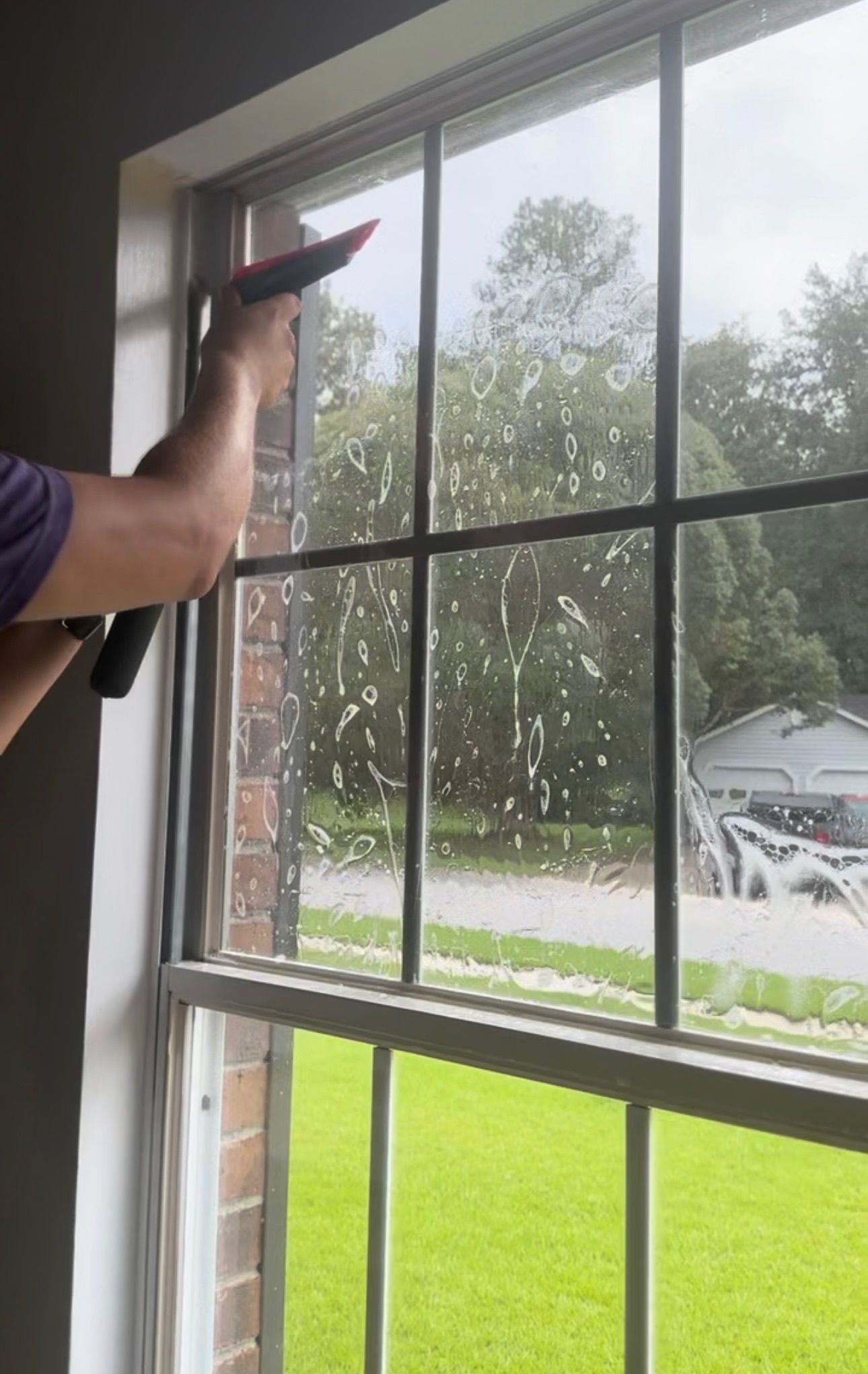 a person is cleaning a window with a brush .