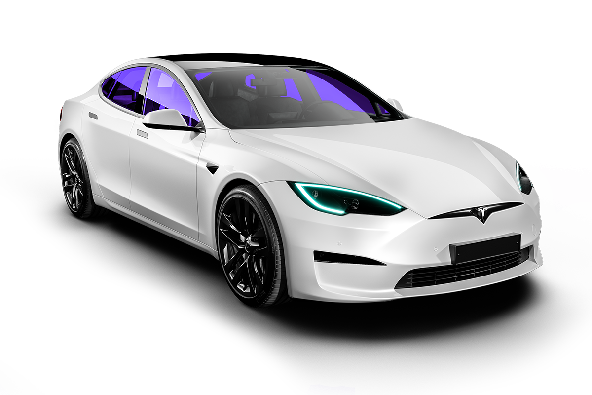 a white tesla model s with purple windows on a white background .