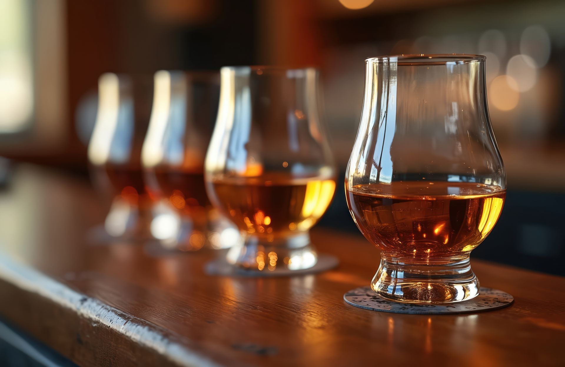 Four glasses of amber-colored whiskey on a wooden bar.