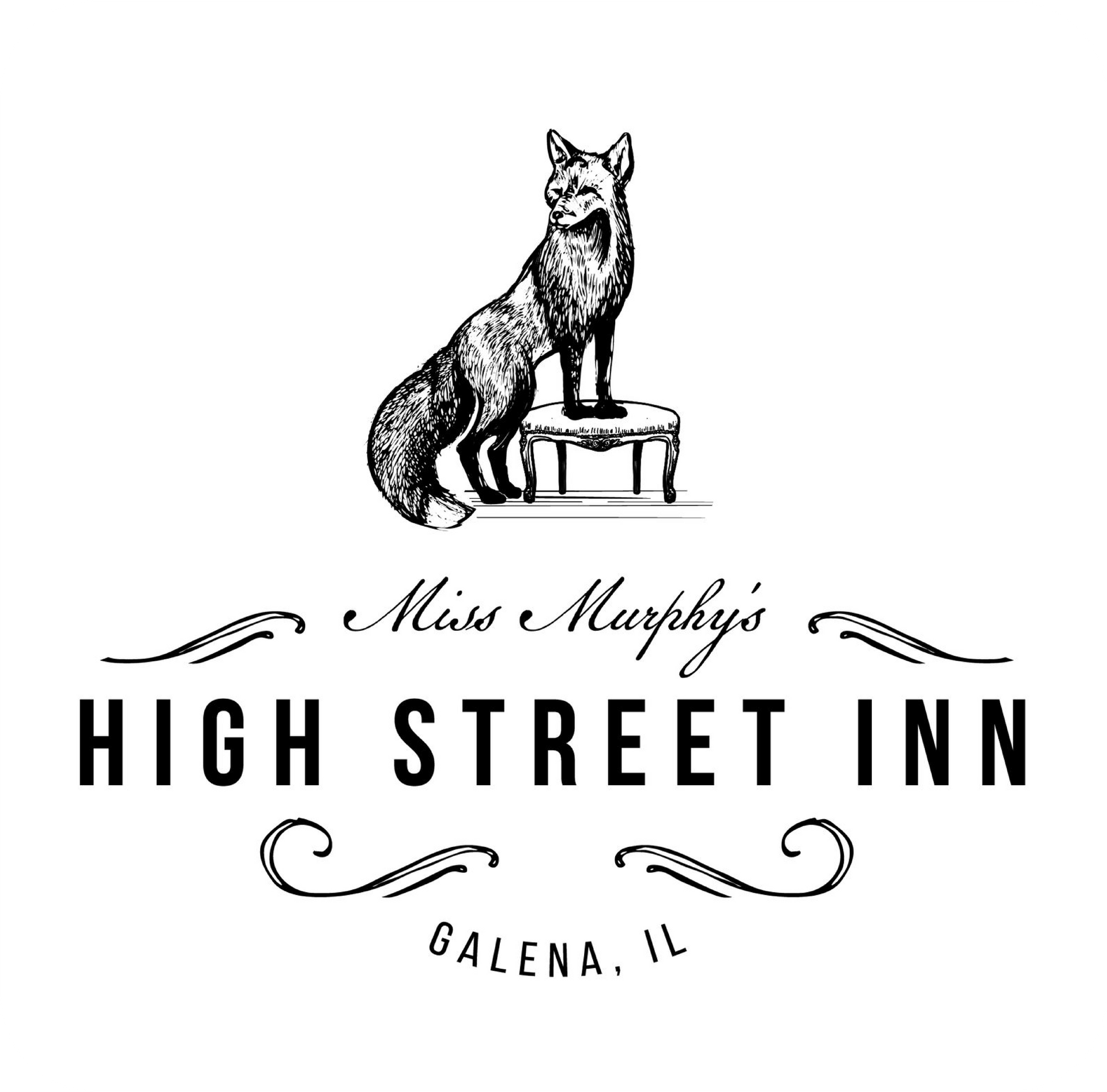 Logo for Miss Murphy's High Street Inn, Galena, IL. Depicts a fox standing on a stool with text below.