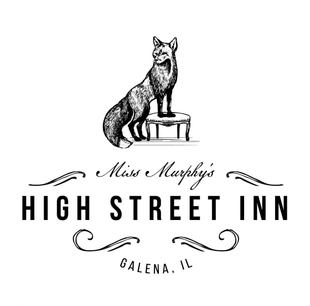 Logo for Miss Murphy's High Street Inn, Galena, IL. Depicts a fox standing on a stool with text below.