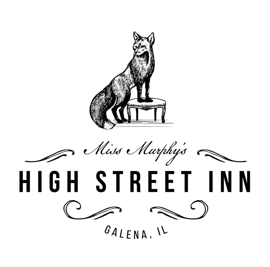 Logo for Miss Murphy's High Street Inn, Galena, IL. Depicts a fox standing on a stool with text below.
