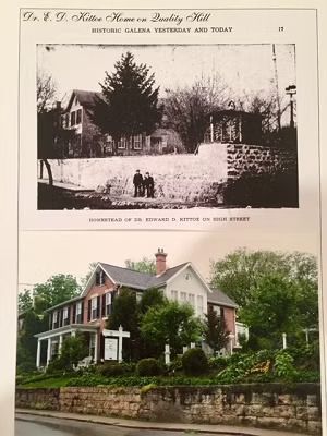 Two historical photos of a house on a hill. Top photo is black and white, bottom in color.