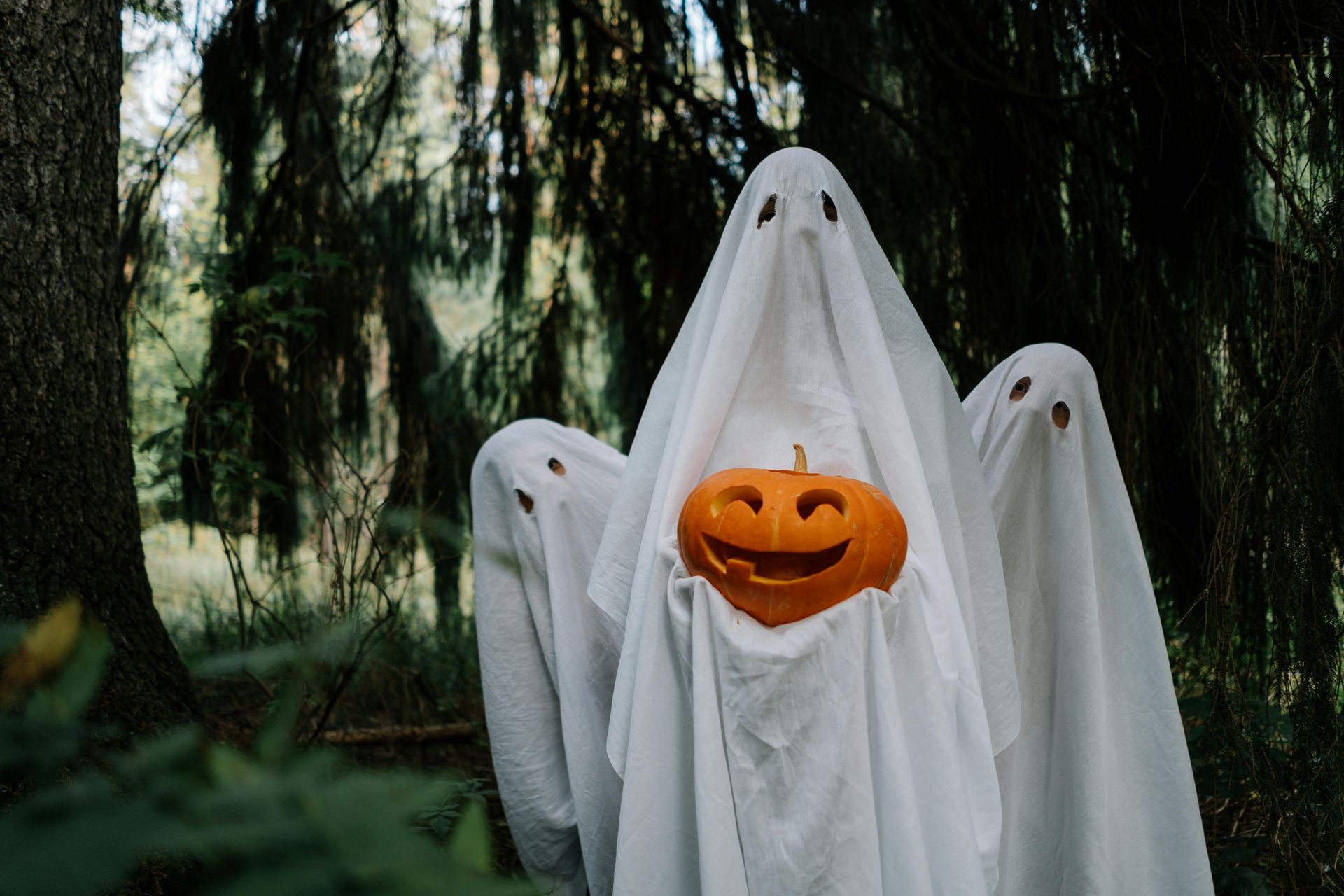 Three ghosts in white sheets holding a carved jack-o'-lantern in a forest setting.
