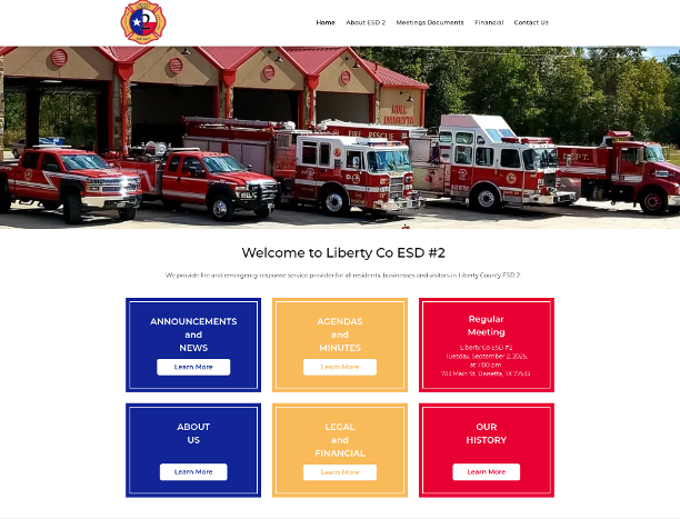 Liberty Co. ESD 42 website with fire trucks in front of the station and links to information.