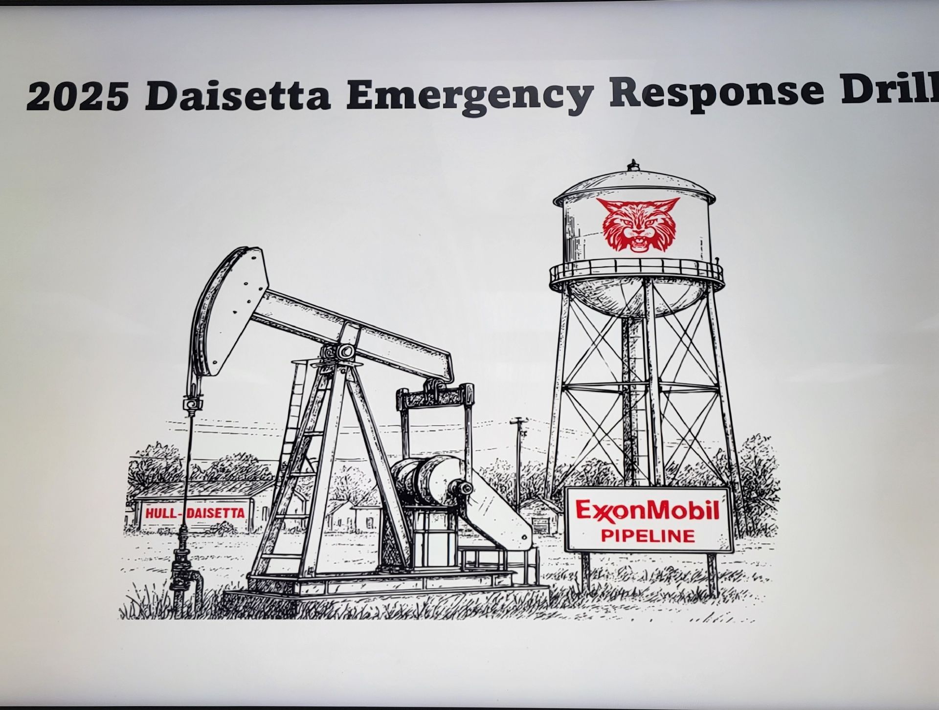 2025 Daisetta Emergency Response Drill illustration featuring oil pump, water tower with logo, and ExxonMobil pipeline sign.