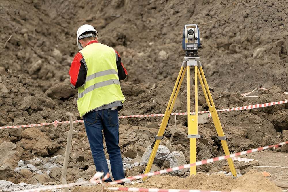 A Construction Worker is Standing in the Dirt Next to a Tripod — Coastal Surveying Group Pty Ltd in Baringa, QLD