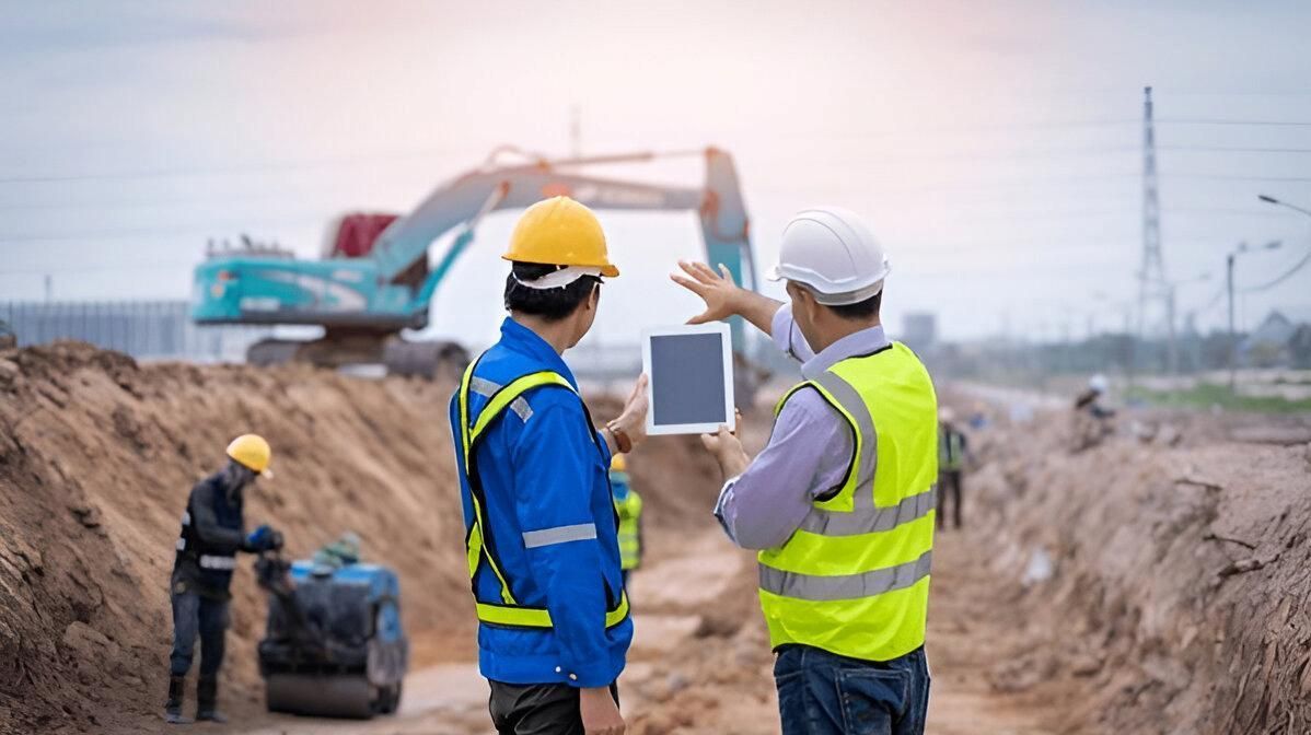 Two Construction Workers Are Looking at a Tablet — Coastal Surveying Group Pty Ltd in Maroochydore, QLD