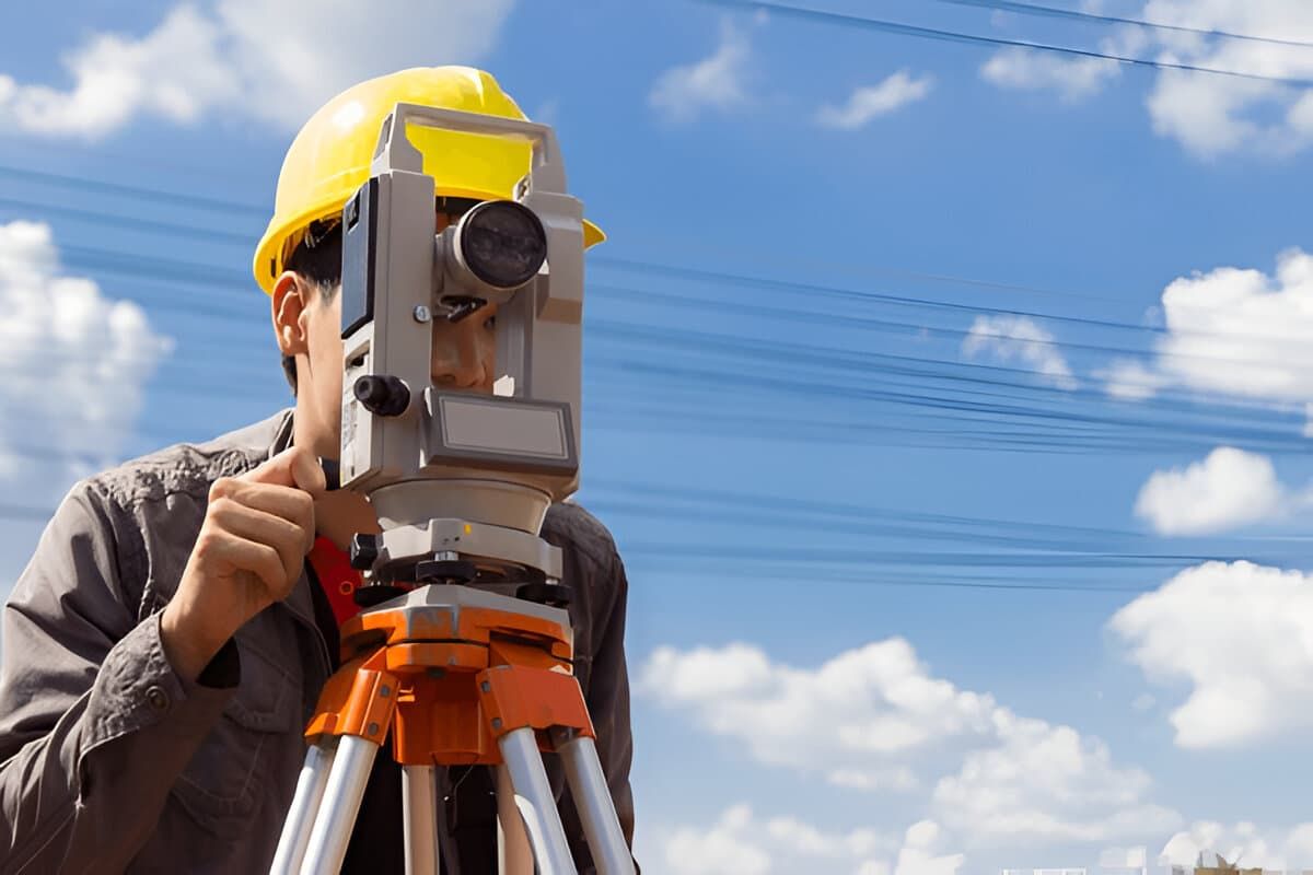 A Man in a Hard Hat is Using a Theodolite on a Tripod — Coastal Surveying Group Pty Ltd in Caloundra, QLD