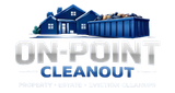 Logo for On-Point Cleanout featuring a blue house and dumpster with metallic text for property, estate, and eviction services.