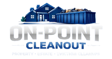 Logo for On-Point Cleanout featuring a blue house and dumpster with metallic text for property, estate, and eviction services.