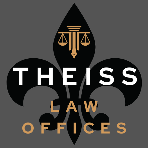 A logo for the iss law offices with a fleur de lis and scales of justice.