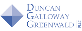 A logo for duncan galloway greenwald shows a blue diamond