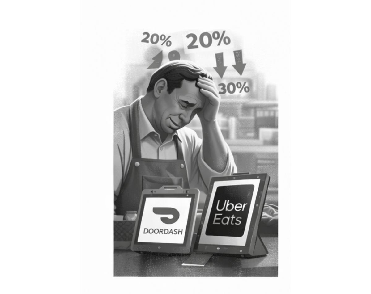 A restaurant owner looks stressed, facing DoorDash and Uber Eats tablets. Percent signs point down.