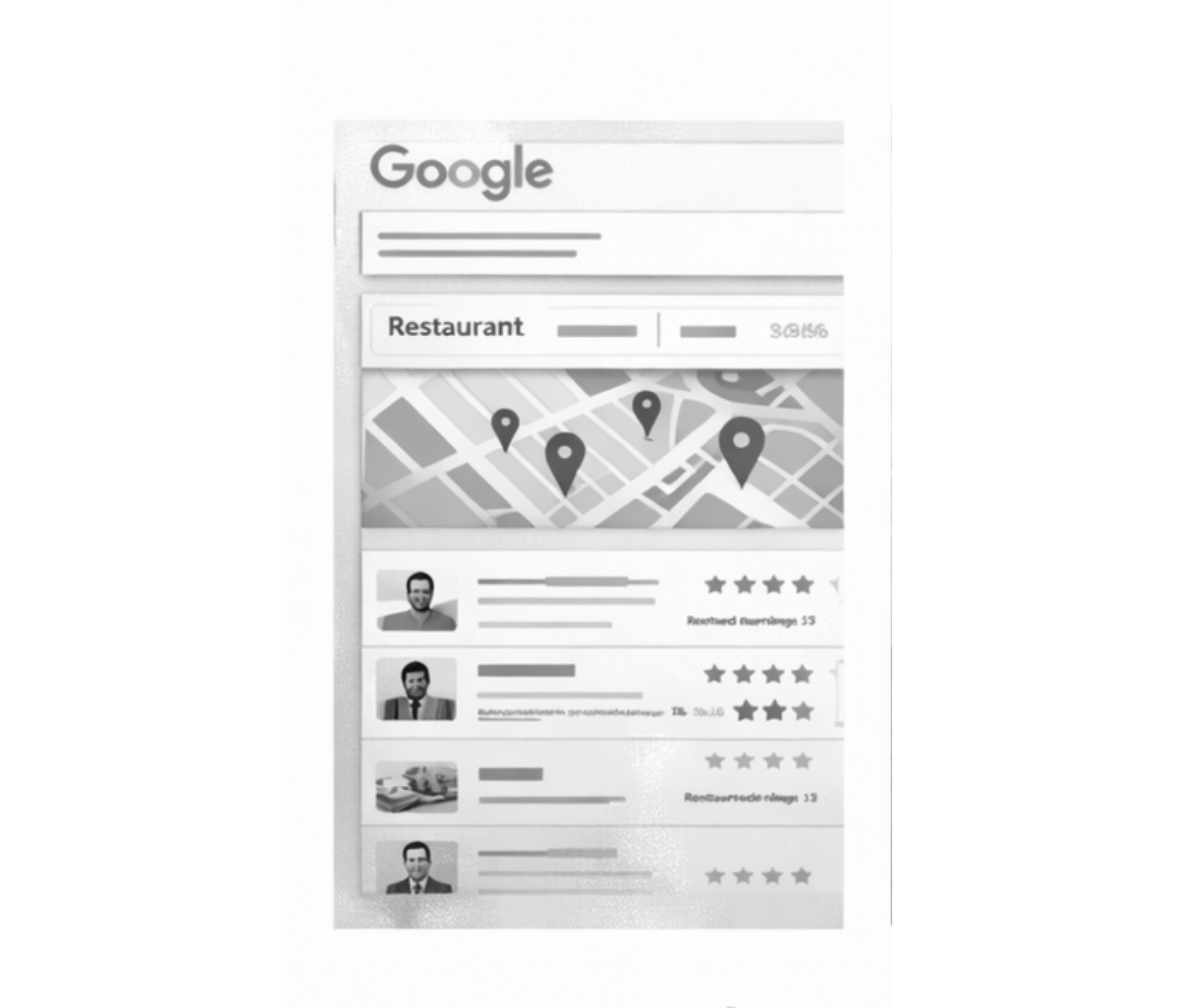 Google search results page for restaurants, showing map with pins and listings with user reviews.