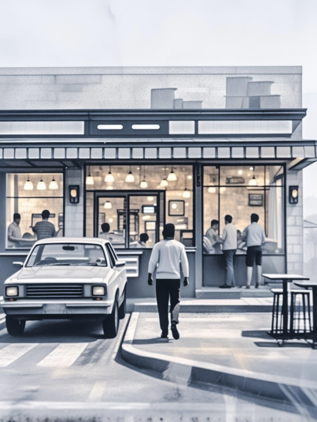 A person walks toward a cafe with a white truck parked in front. People inside cafe.