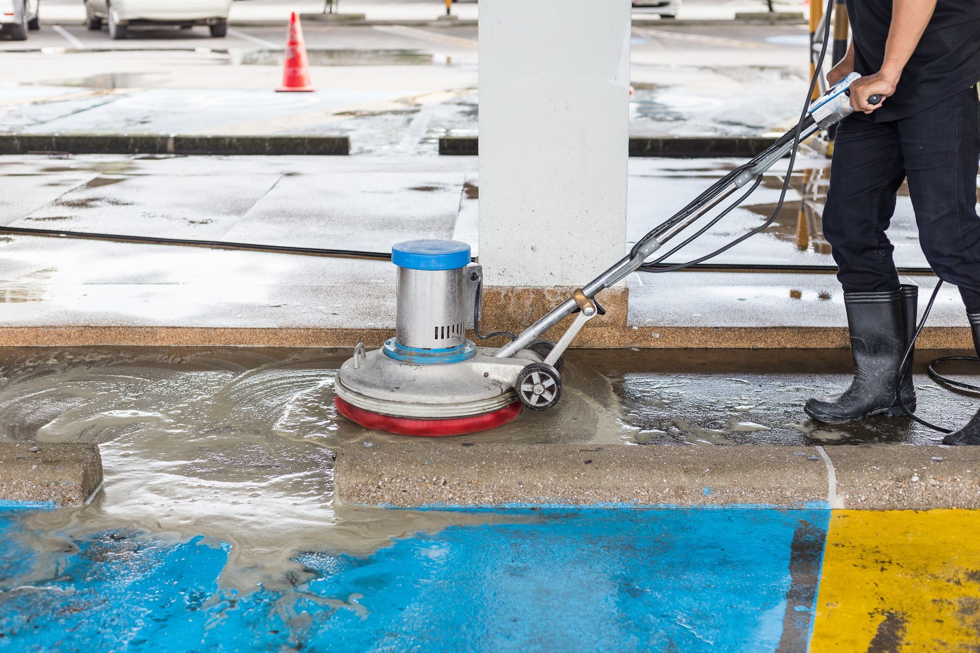 A man is using a machine to clean a parking lot.