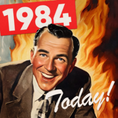 Man smiles broadly in front of flames, the word 