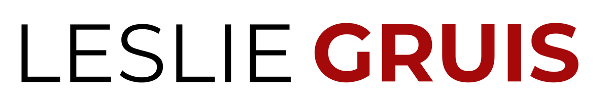 Leslie Gruis text logo in black and red