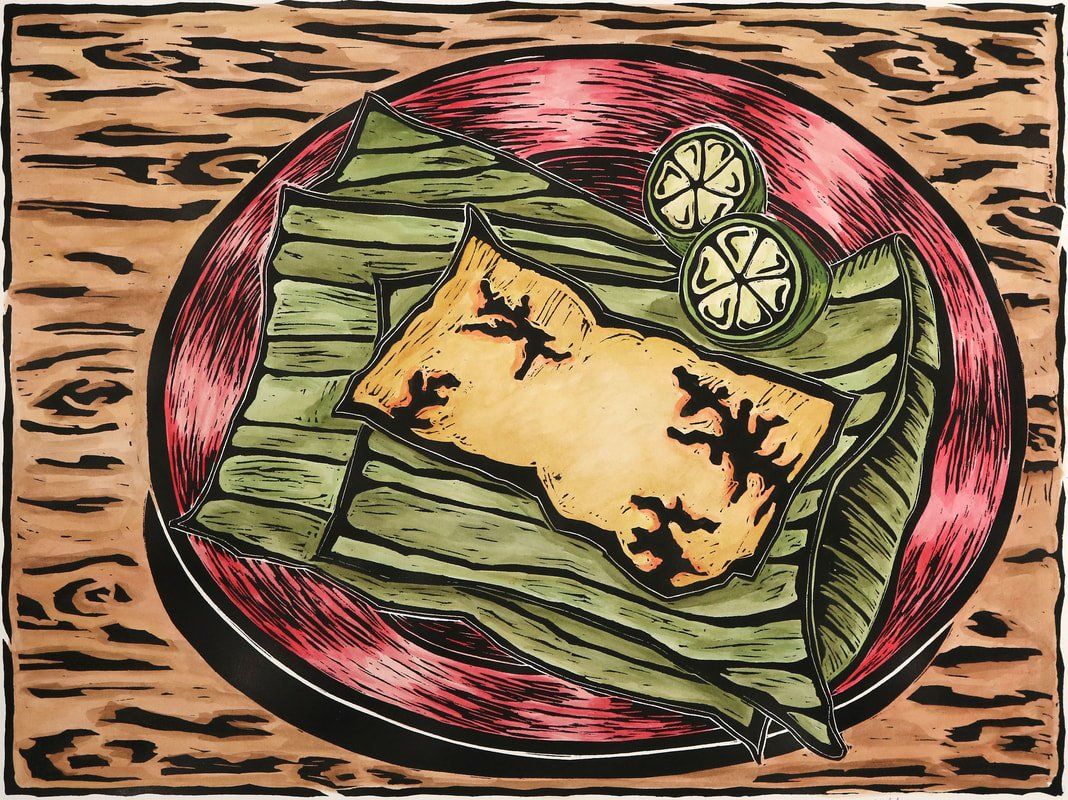 Nacatamal catracho, printmaking, watercolor,  honduras, azalia molina