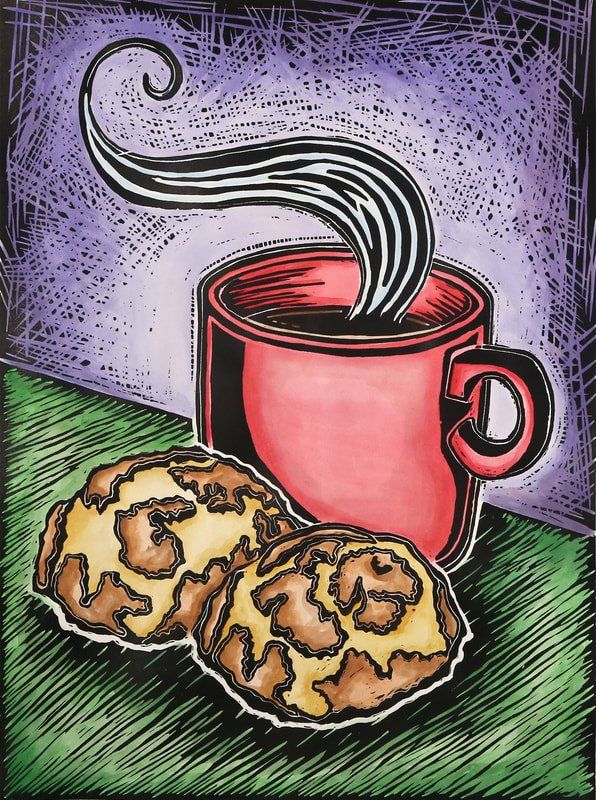 hora del cafe, cafe con pan, semitas, printmaking, watercolor,  honduras, azalia molina