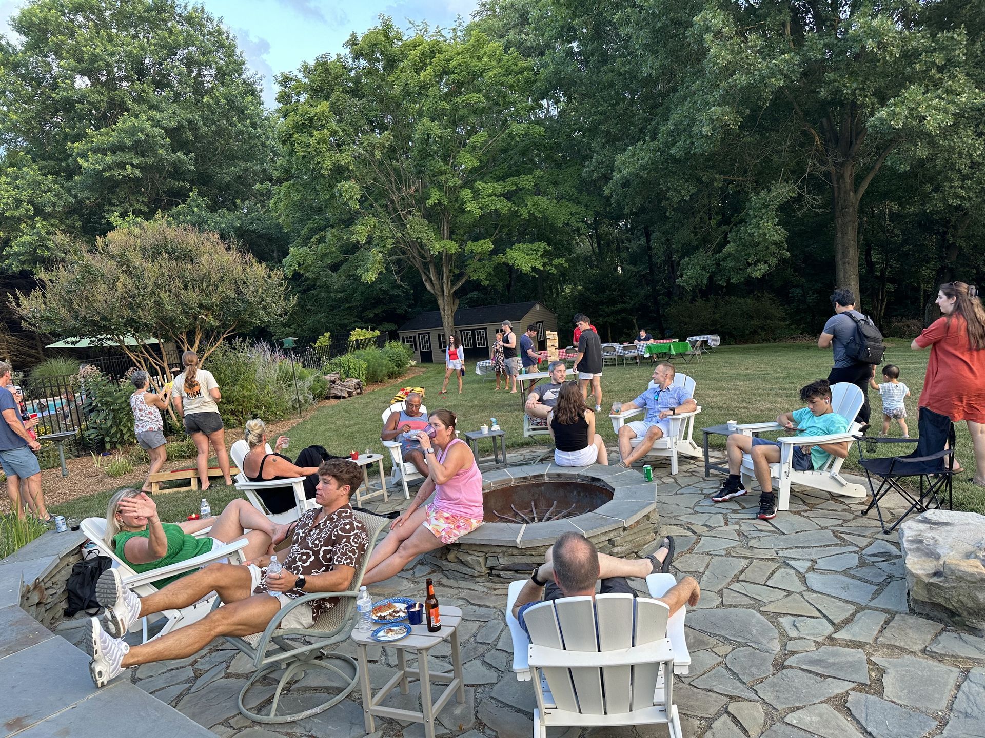 A group of people are sitting around a fire pit.