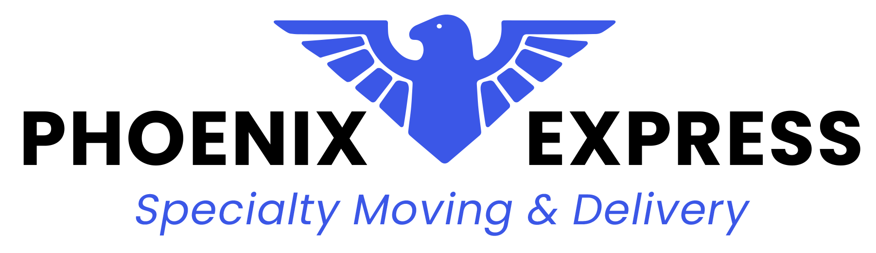 Logo for Phoenix Express, Specialty Moving & Delivery; blue eagle graphic over black text.
