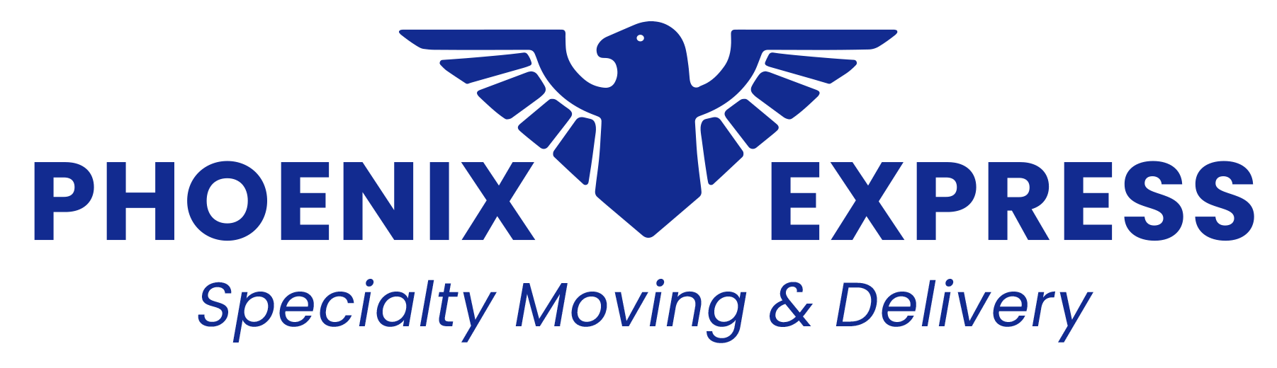 Logo of Phoenix Express, blue phoenix over blue text “PHOENIX EXPRESS”. Below: “Specialty Moving & Delivery.”