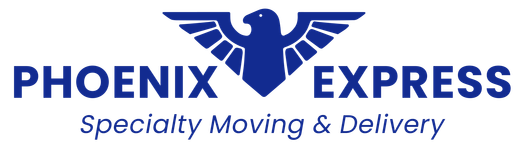 Logo of Phoenix Express, blue phoenix over blue text “PHOENIX EXPRESS”. Below: “Specialty Moving & Delivery.”