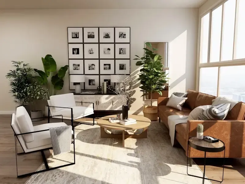 Bright living room with white armchairs, tan sofa, plants, wall art, and sunlight streaming through large windows