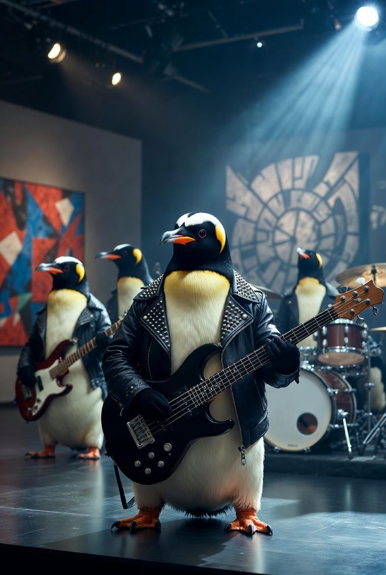 Penguin band in studded leather jackets plays instruments on stage with blue spotlight.