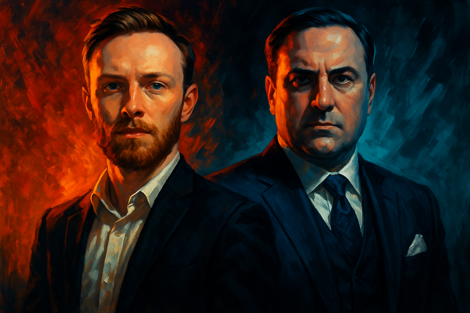 Two men in suits against a red/blue background. One with a beard, the other with a stern expression.