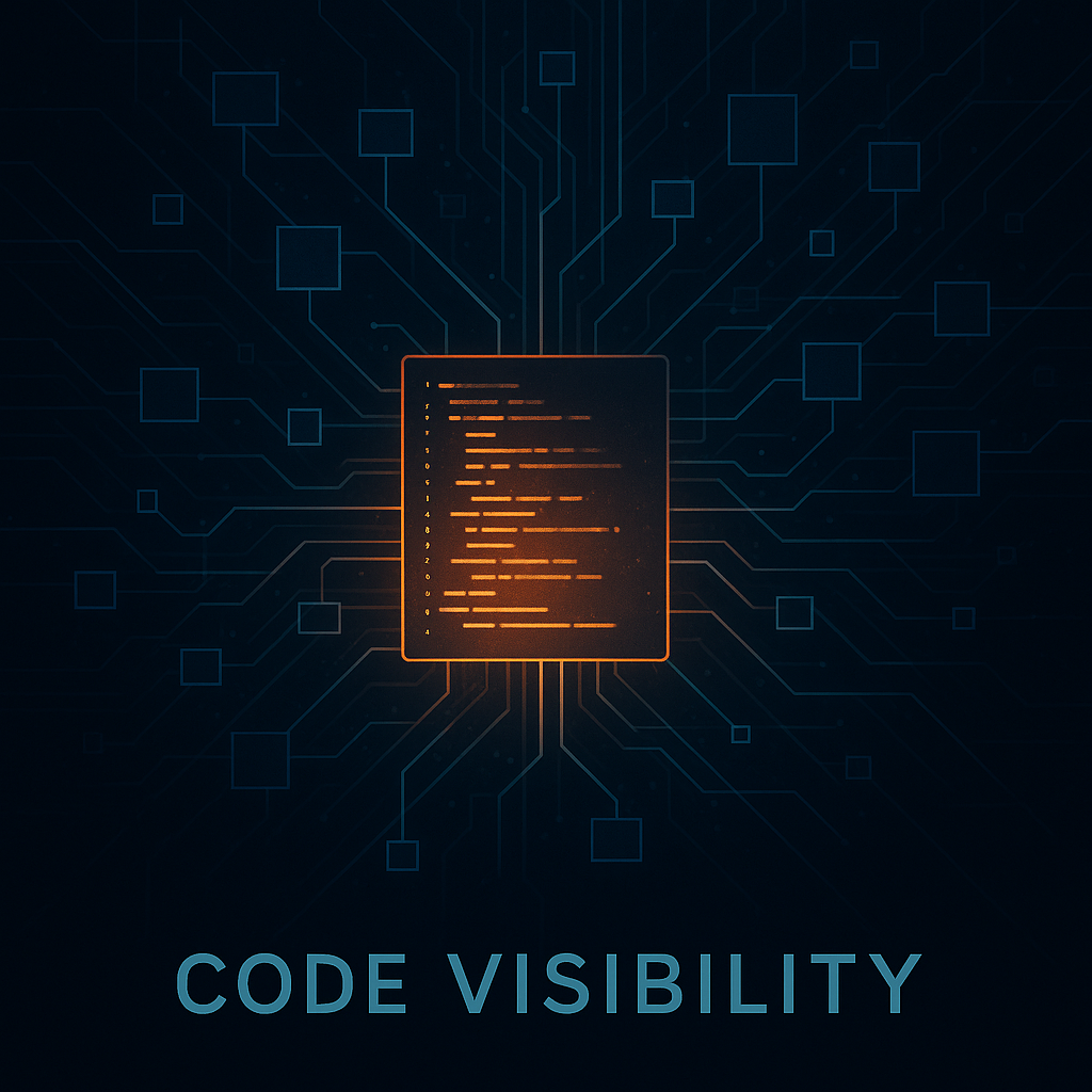Digital illustration: Code in an illuminated square at the center of a circuit board. Text reads