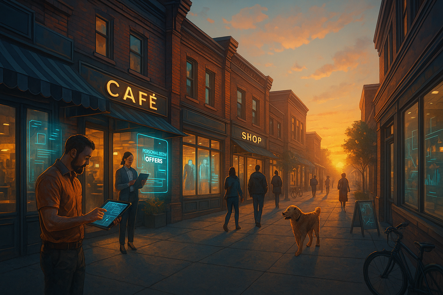 Street scene at sunset: Cafe with neon sign, people walking, dog on cobblestones, orange sky.