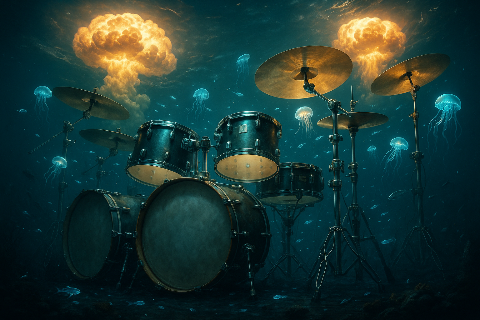 Drum set underwater with jellyfish and glowing clouds.