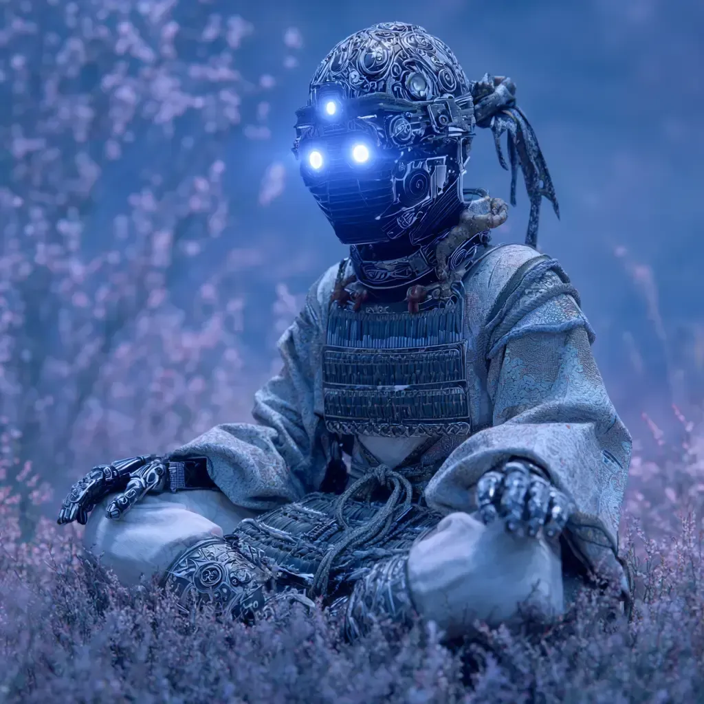 Cybernetic figure in meditation pose, glowing eyes, traditional armor, purple field.
