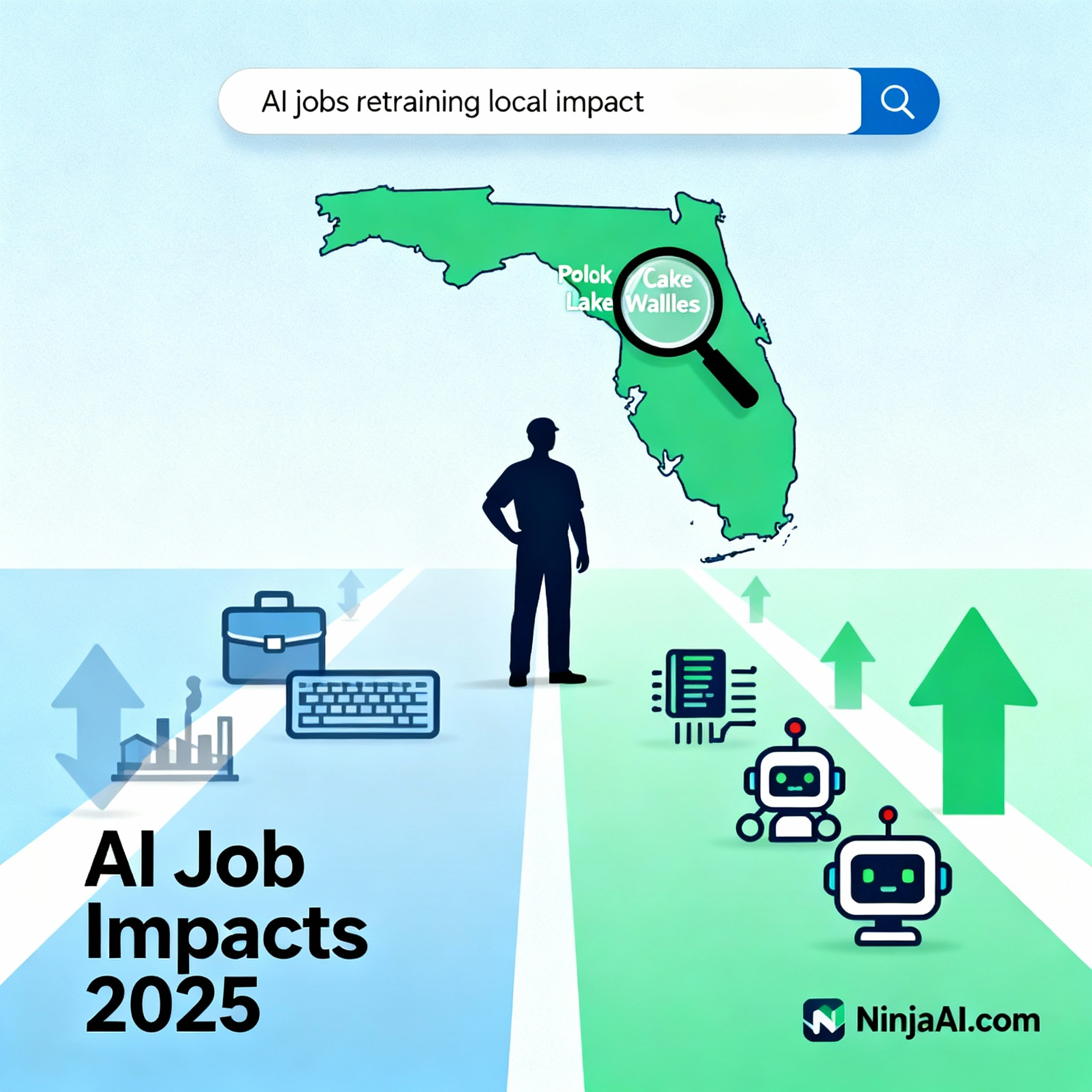 AI job impacts in Florida, 2025: Person, keyboard, briefcase, robots, and growing arrows on a blue path.
