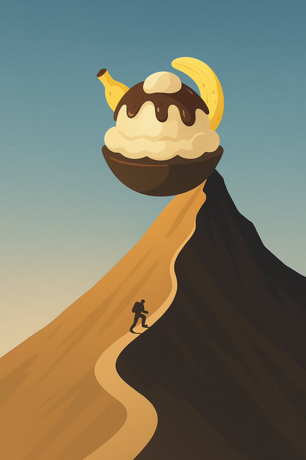 Person hiking towards a mountain topped with a banana split teapot.