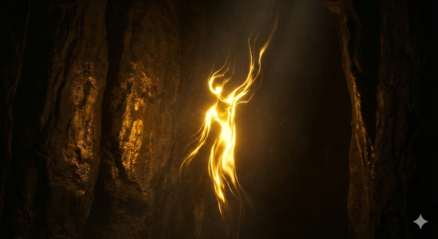 Glowing golden figure in a dark cave, arms raised.