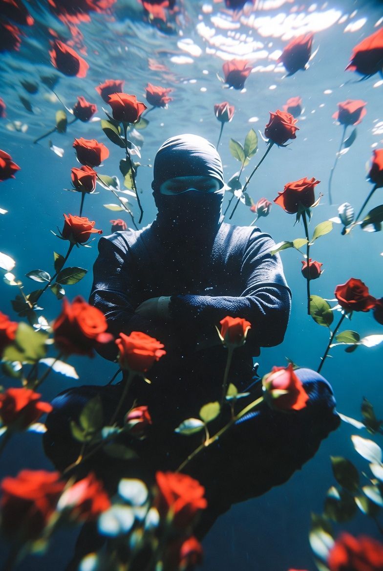 Person underwater, surrounded by red roses. Person in dark clothing, arms crossed, underwater.
