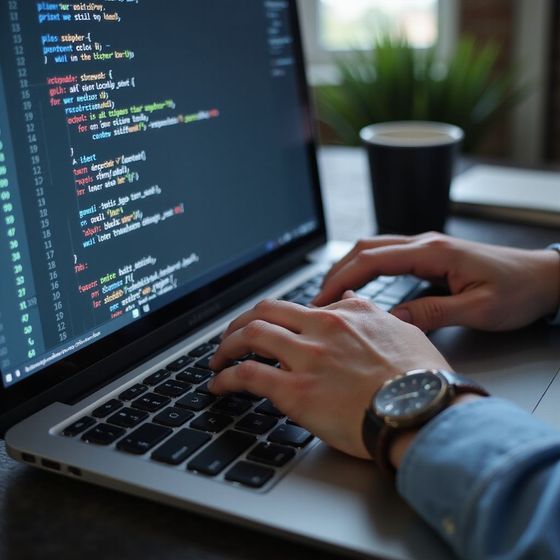 Person typing code on a laptop with watch on wrist and coffee cup nearby.