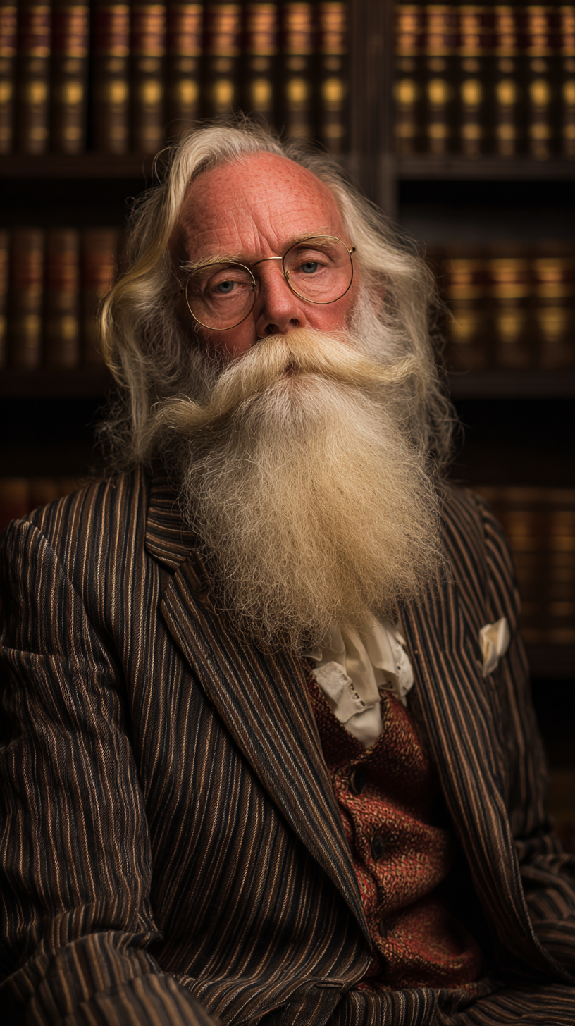 Man with long white beard and glasses, wearing a striped suit, sitting in front of bookshelves.