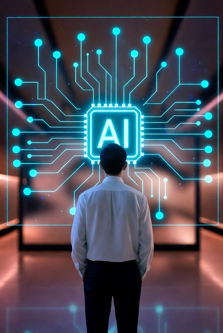 Man facing AI graphic, with blue circuit board design glowing in a futuristic setting.