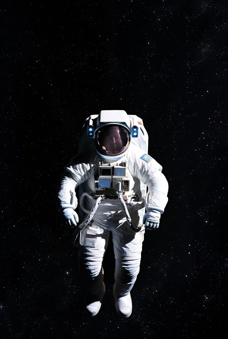 Astronaut in a white spacesuit floats against a backdrop of stars in dark space.