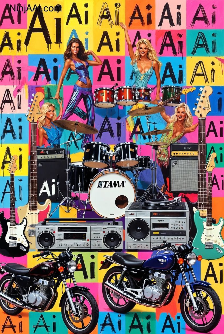 Colorful collage with musicians, guitars, drums, motorcycles, and a boombox.